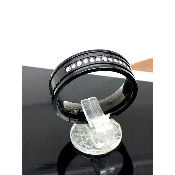 Men's Wedding Band Black Stainless Steel Diamond 7mm Wide Ring Size 8.25 - Picture 3 of 13